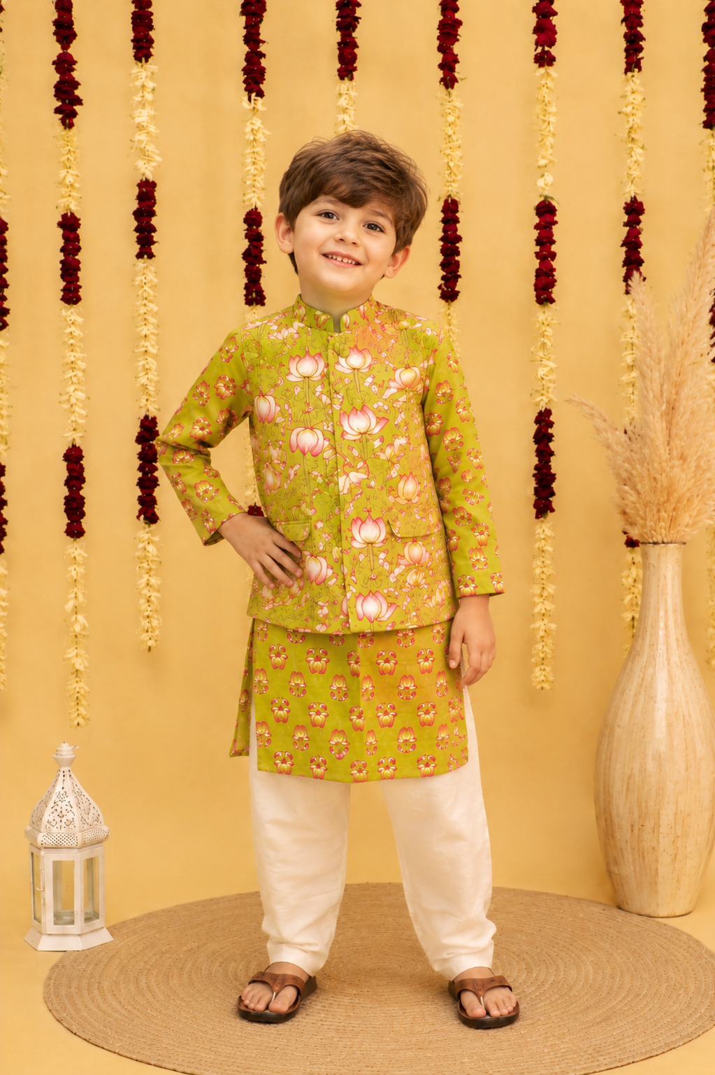 Boys Cotton Block Print Kurta Jacket Set – Yellow & Green - Nakh Clothing