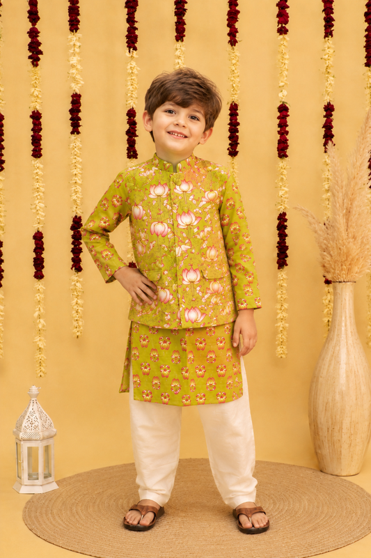 Boys Cotton Block Print Kurta Jacket Set – Yellow & Green