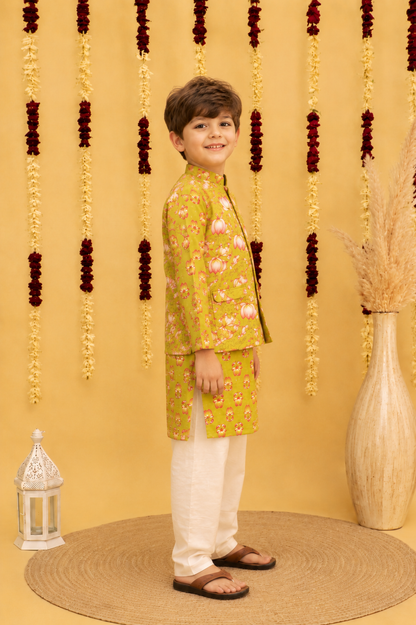 Boys Cotton Block Print Kurta Jacket Set – Yellow & Green - Nakh Clothing