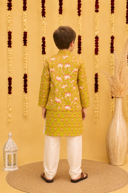 Boys Cotton Block Print Kurta Jacket Set – Yellow & Green - Nakh Clothing