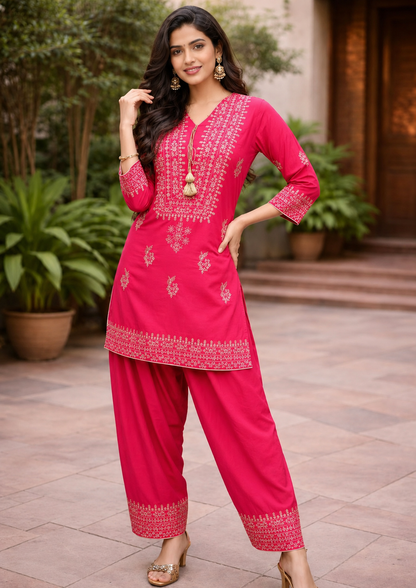 Rani Pink Embroidered Kurti with Farsi Salwar – Premium Rayon Kurti &  Farsi salwar Set