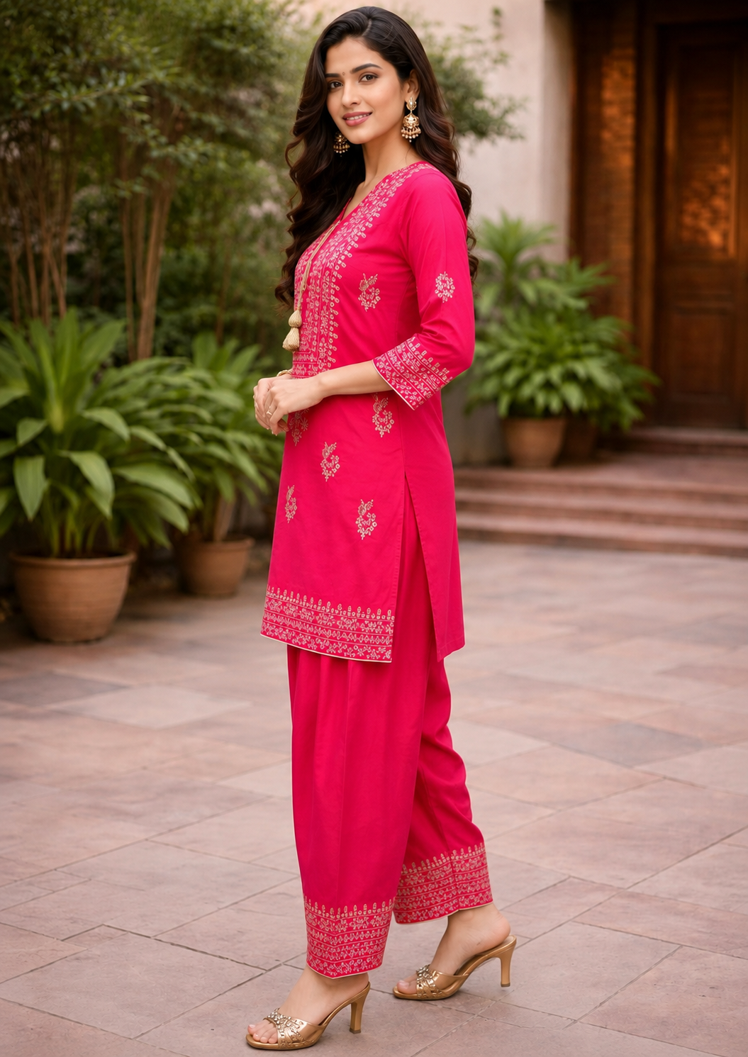 Rani Pink Embroidered Kurti with Farsi Salwar – Premium Rayon Kurti &  Farsi salwar Set