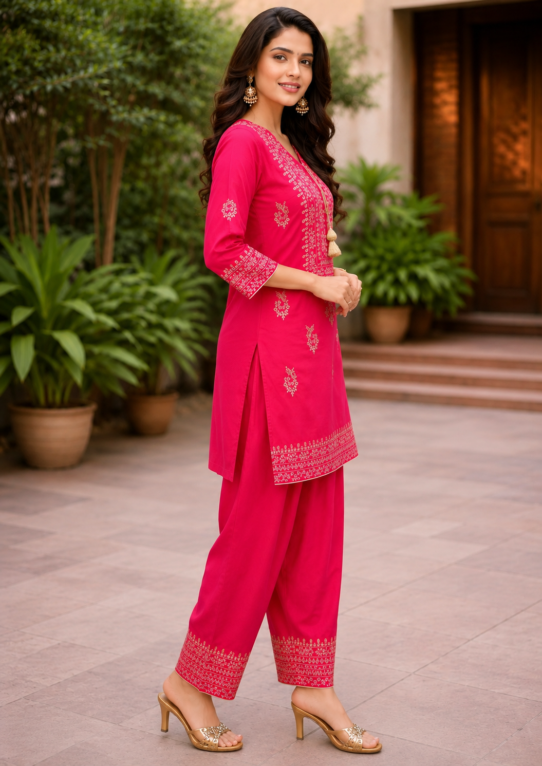 Rani Pink Embroidered Kurti with Farsi Salwar – Premium Rayon Kurti &  Farsi salwar Set