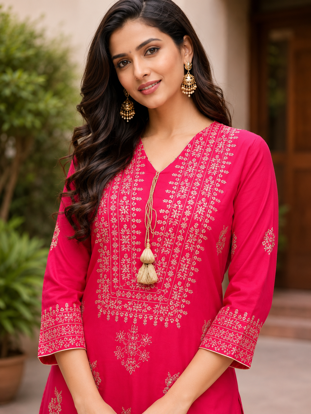 Rani Pink Embroidered Kurti with Farsi Salwar – Premium Rayon Kurti &  Farsi salwar Set