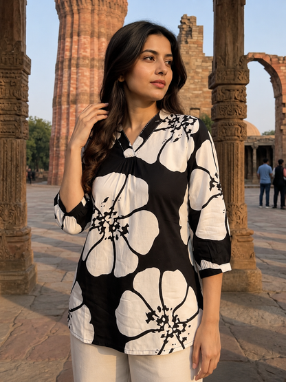 Black & White Floral Print Rayon Tunic for Women | Kurti