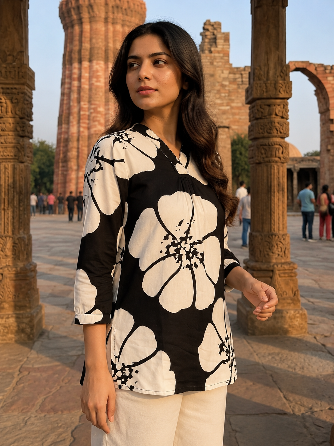 Black & White Floral Print Rayon Tunic for Women | Kurti