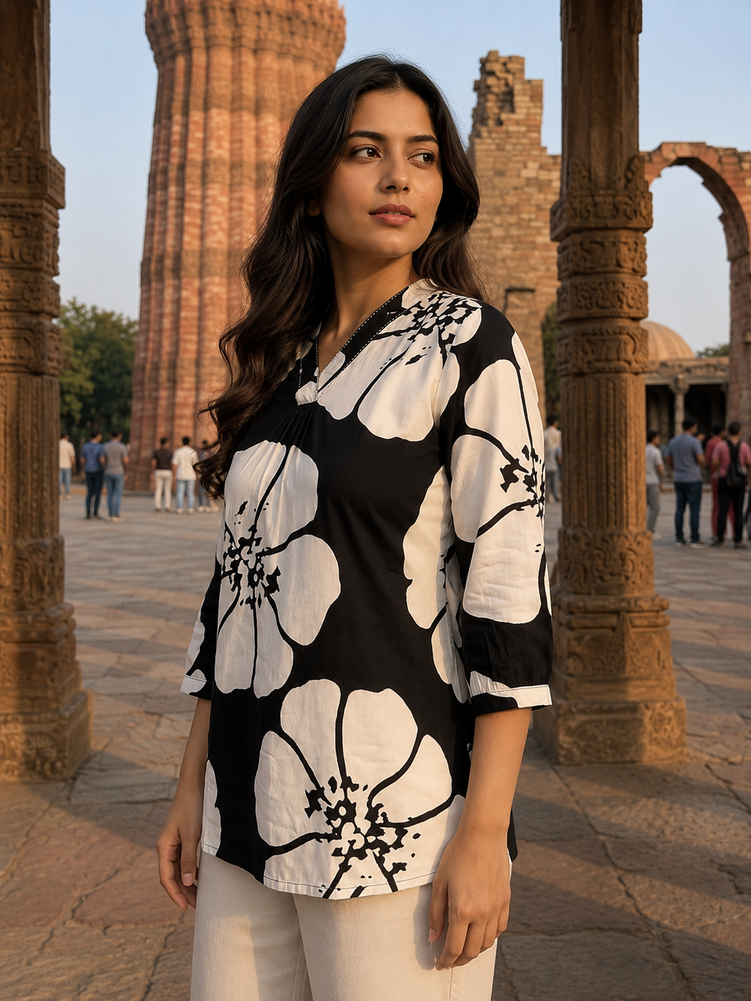Black & White Floral Print Rayon Tunic for Women | Kurti