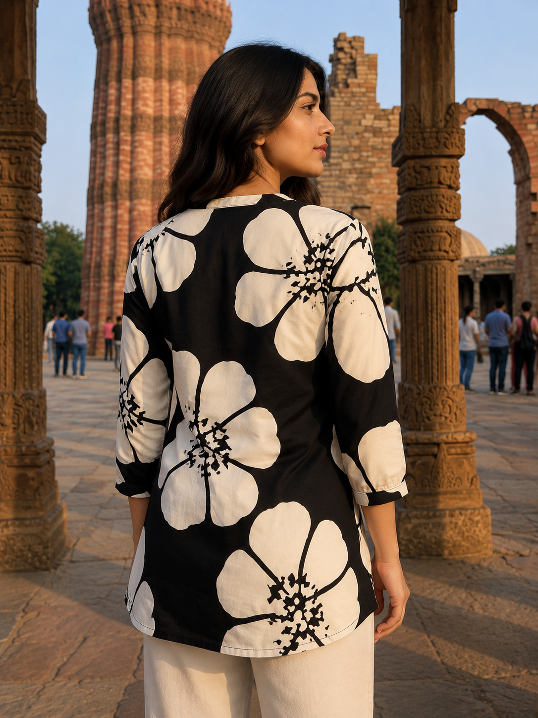 Black & White Floral Print Rayon Tunic for Women | Kurti