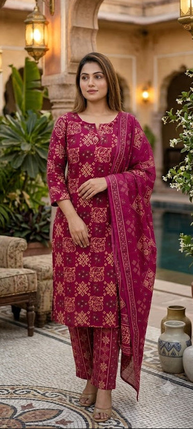 Ethnic Cotton Suit Set for Women – Fuchsia Party Wear