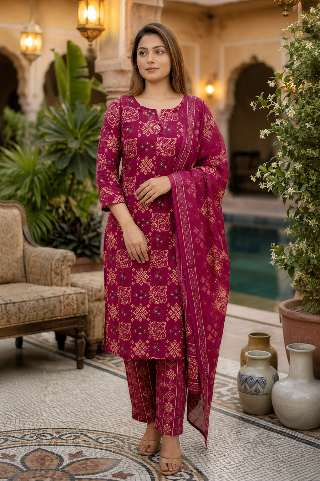 Ethnic Cotton Suit Set for Women – Fuchsia Party Wear - Nakh Clothing