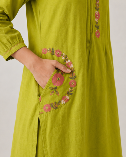 Lime Green Cotton Co-ord Set – Floral Embroidered Kurta with Palazzo Pants