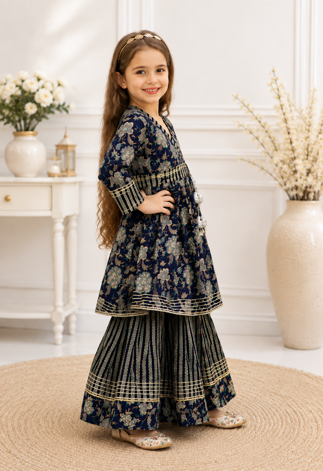 Navy Blue Cotton Angrakha Style Kurta Sharara Set for Girls