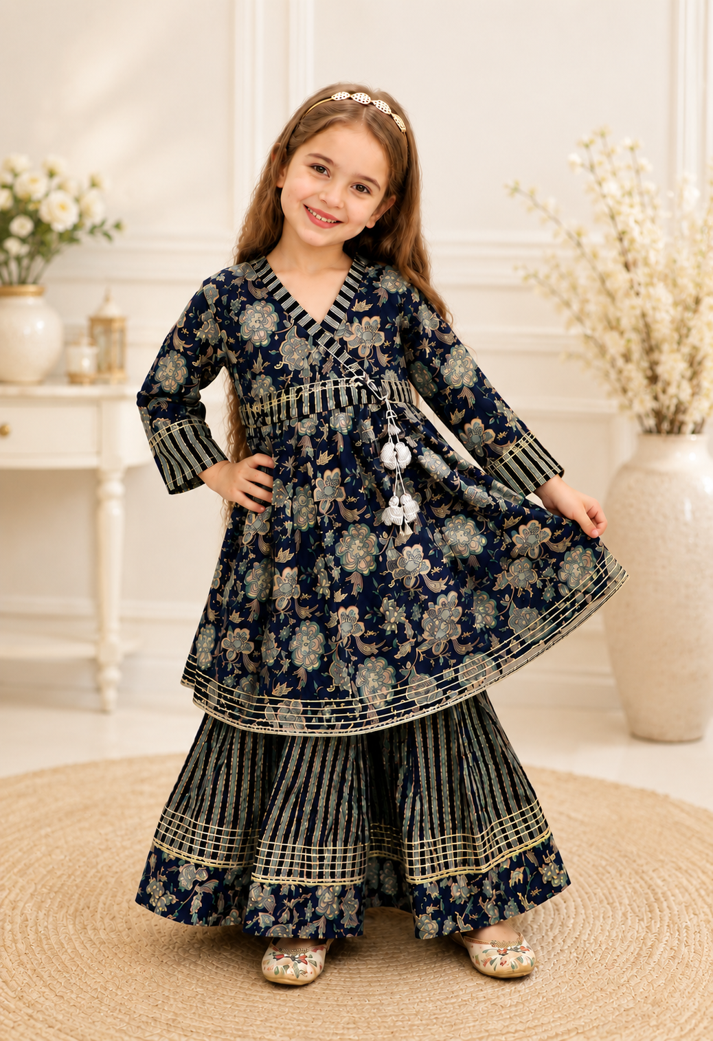 Navy Blue Cotton Angrakha Style Kurta Sharara Set for Girls
