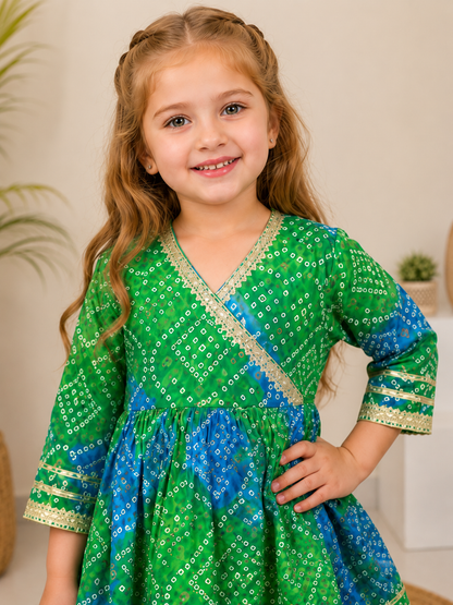 Bandhani Print Angrakha Kurti with Sharara Set for Girls – Festive Wear