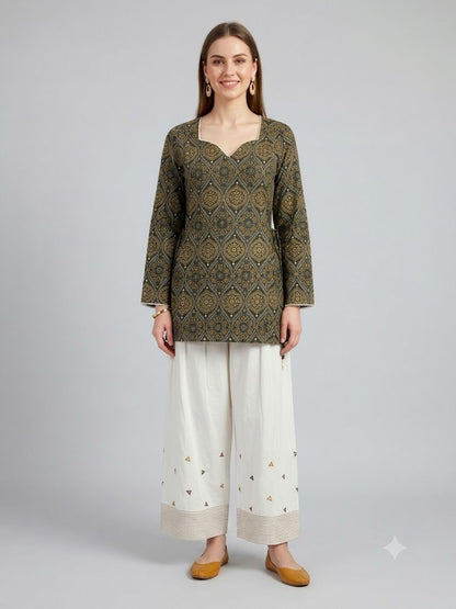 "Dark Green Printed Kurta Farsi Salwar Set for Women"