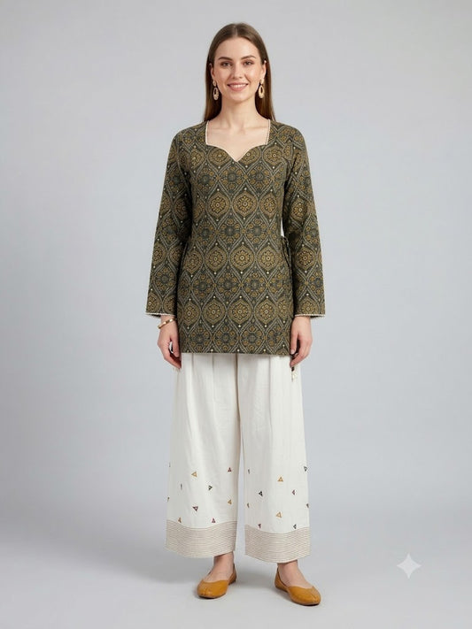 "Dark Green Printed Kurta Farsi Salwar Set for Women"
