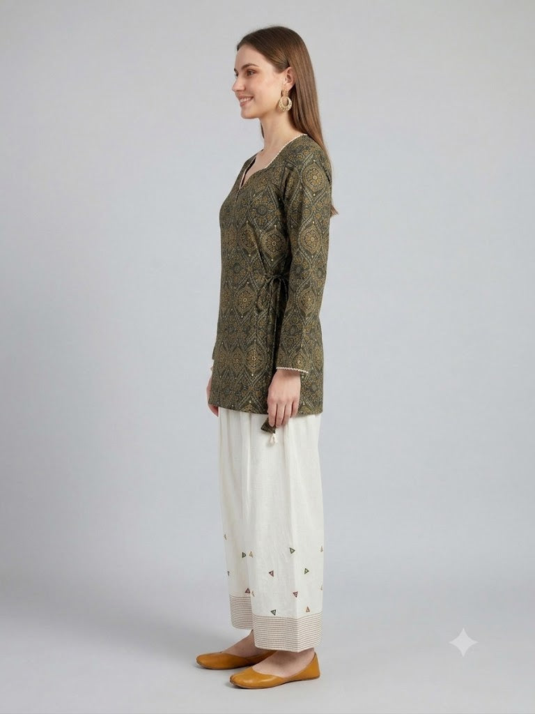 "Dark Green Printed Kurta Farsi Salwar Set for Women"