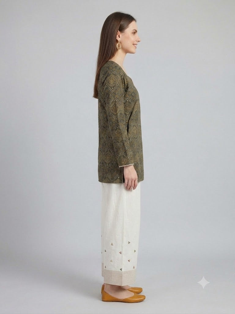 "Dark Green Printed Kurta Farsi Salwar Set for Women"