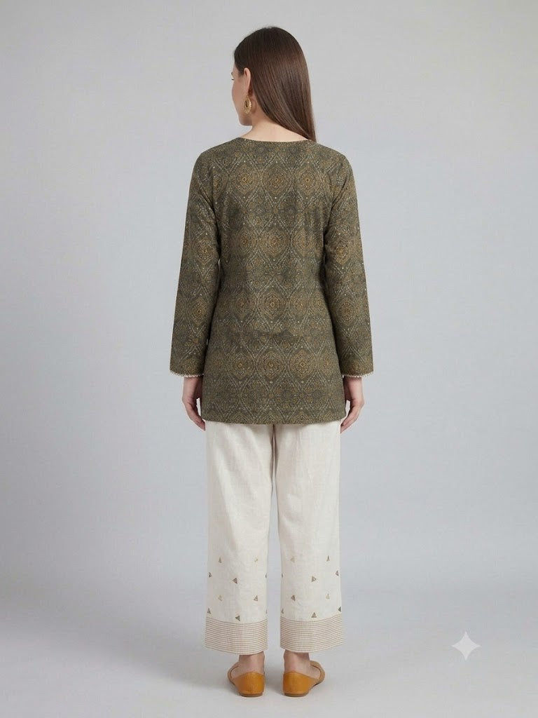"Dark Green Printed Kurta Farsi Salwar Set for Women"