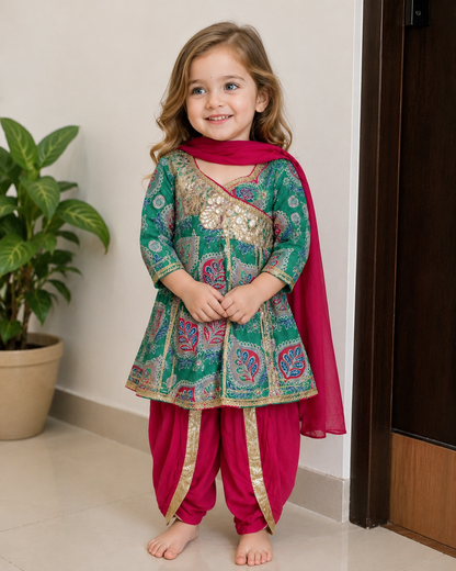Green Printed Pure Cotton Kurti with Pink Dhoti Pants & Dupatta – Girls Ethnic Wear
