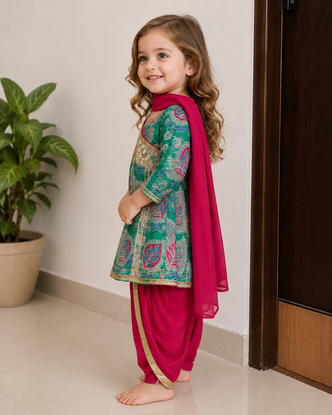 Green Printed Pure Cotton Kurti with Pink Dhoti Pants & Dupatta – Girls Ethnic Wear