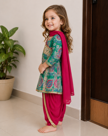 Green Printed Pure Cotton Kurti with Pink Dhoti Pants & Dupatta – Girls Ethnic Wear