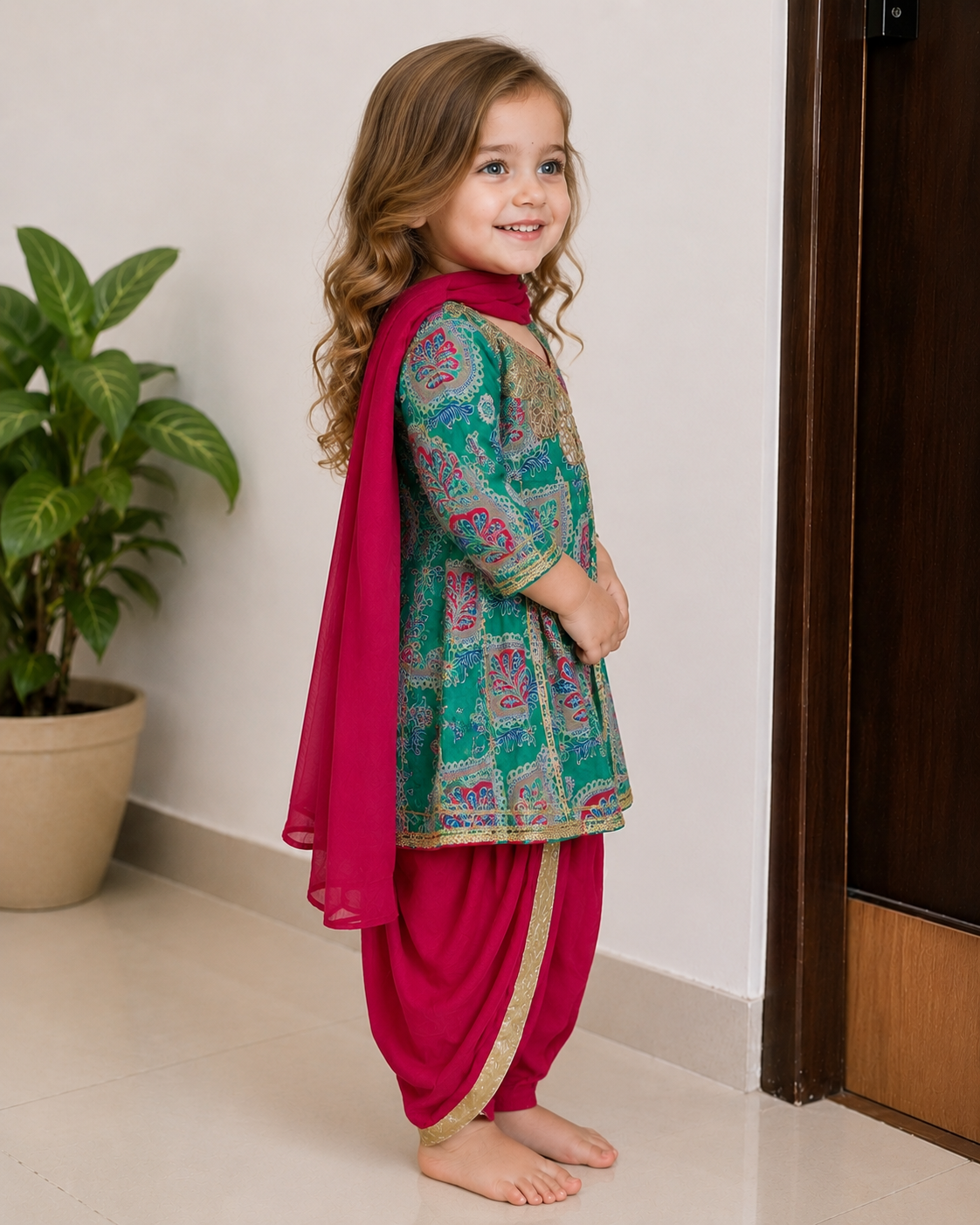 Green Printed Pure Cotton Kurti with Pink Dhoti Pants & Dupatta – Girls Ethnic Wear