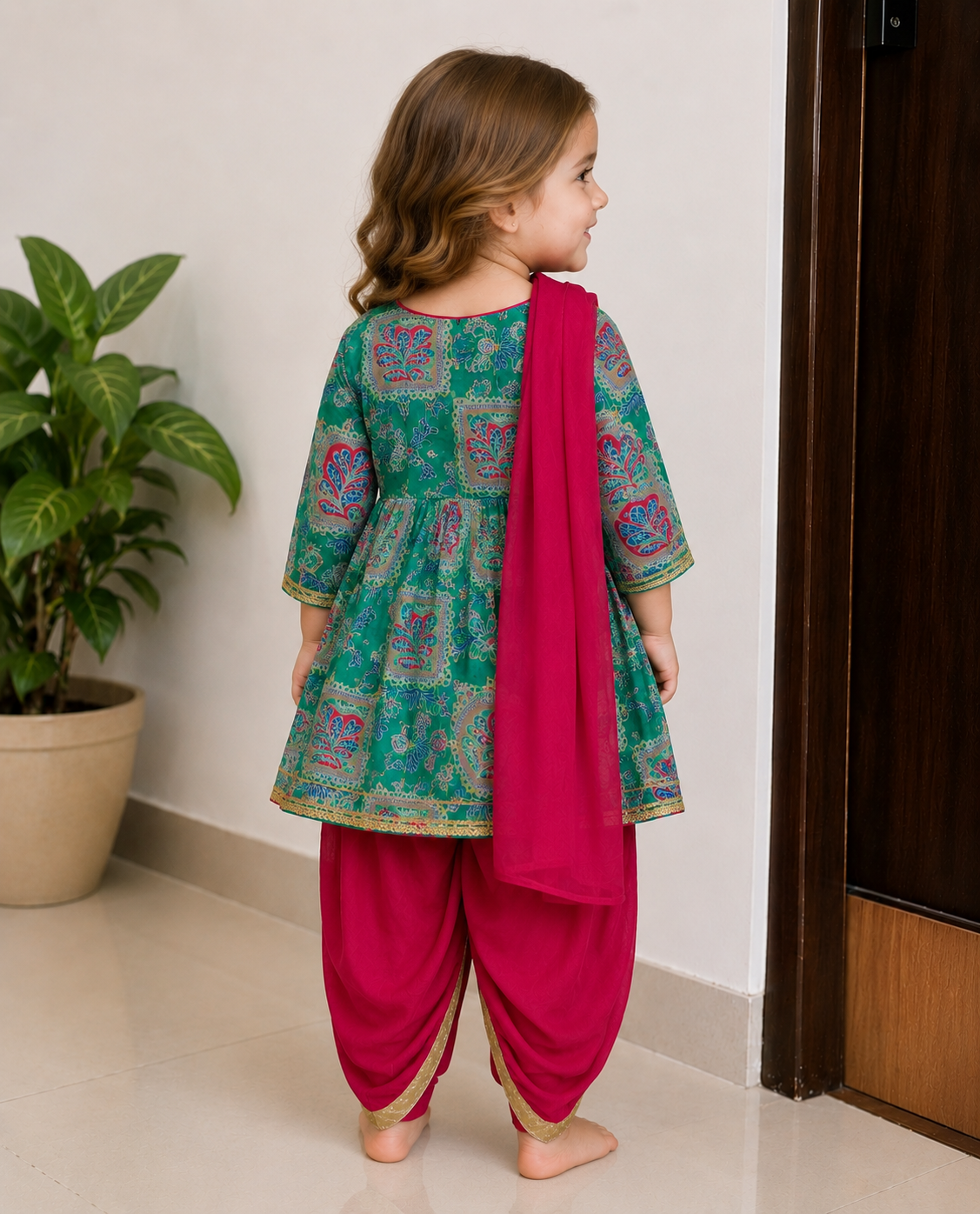 Green Printed Pure Cotton Kurti with Pink Dhoti Pants & Dupatta – Girls Ethnic Wear