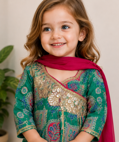 Green Printed Pure Cotton Kurti with Pink Dhoti Pants & Dupatta – Girls Ethnic Wear