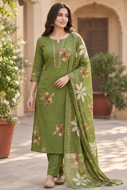 Cotton Floral Print Straight Suit Set with Embroidered Neckline