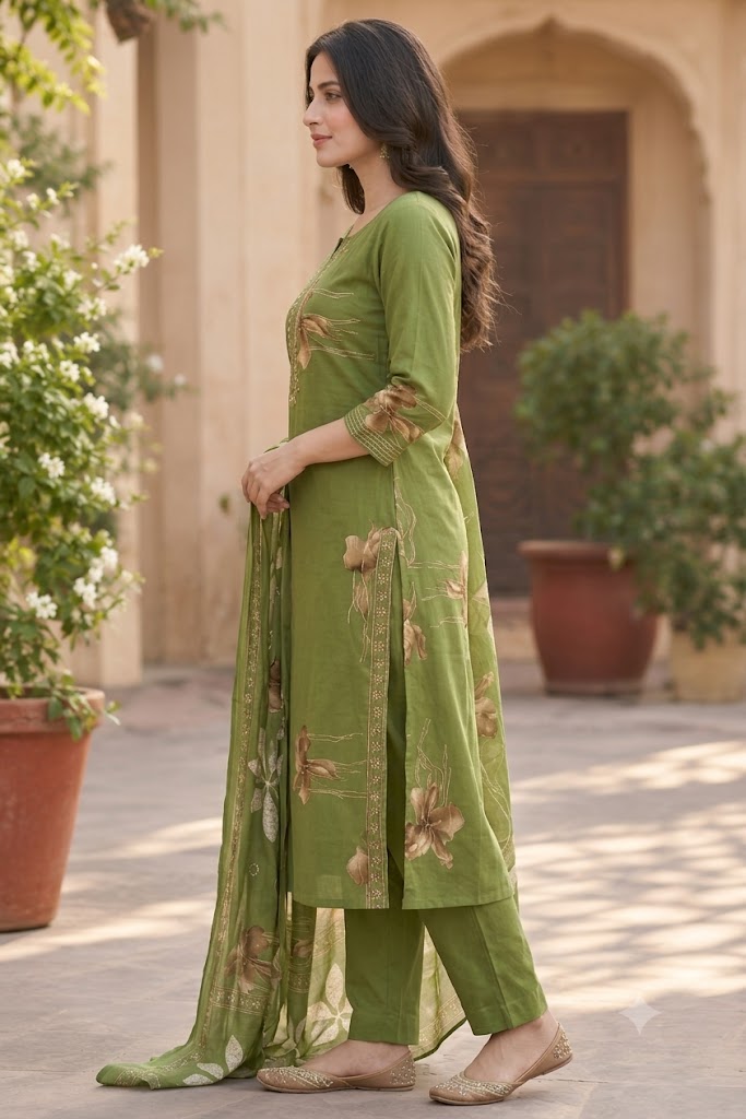 Cotton Floral Print Straight Suit Set with Embroidered Neckline
