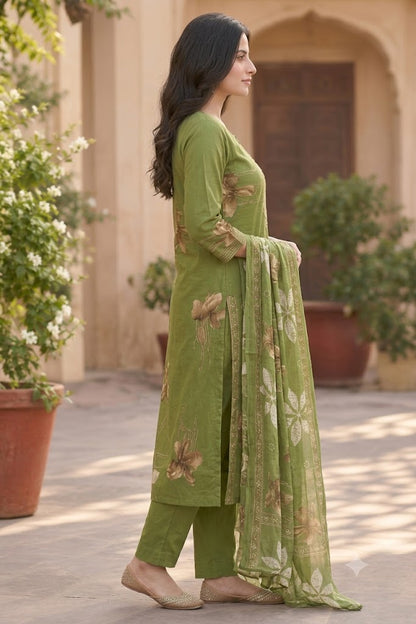 Cotton Floral Print Straight Suit Set with Embroidered Neckline