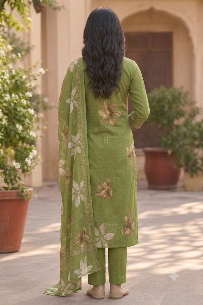 Cotton Floral Print Straight Suit Set with Embroidered Neckline