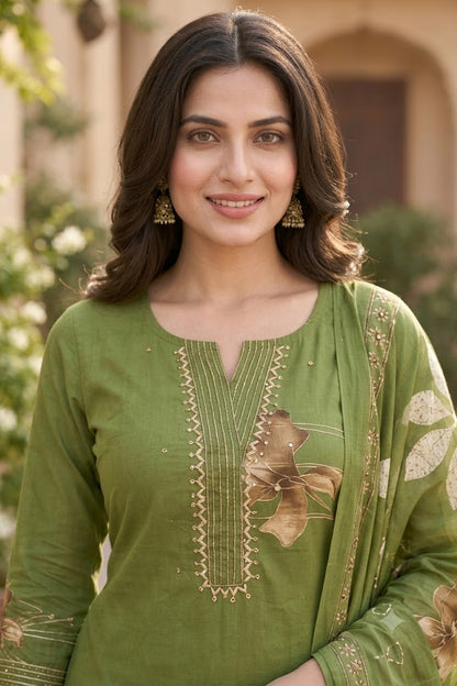 Cotton Floral Print Straight Suit Set with Embroidered Neckline