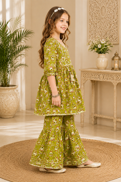 Girls Cotton Printed Peplum Sharara Suit Set - Nakh Clothing