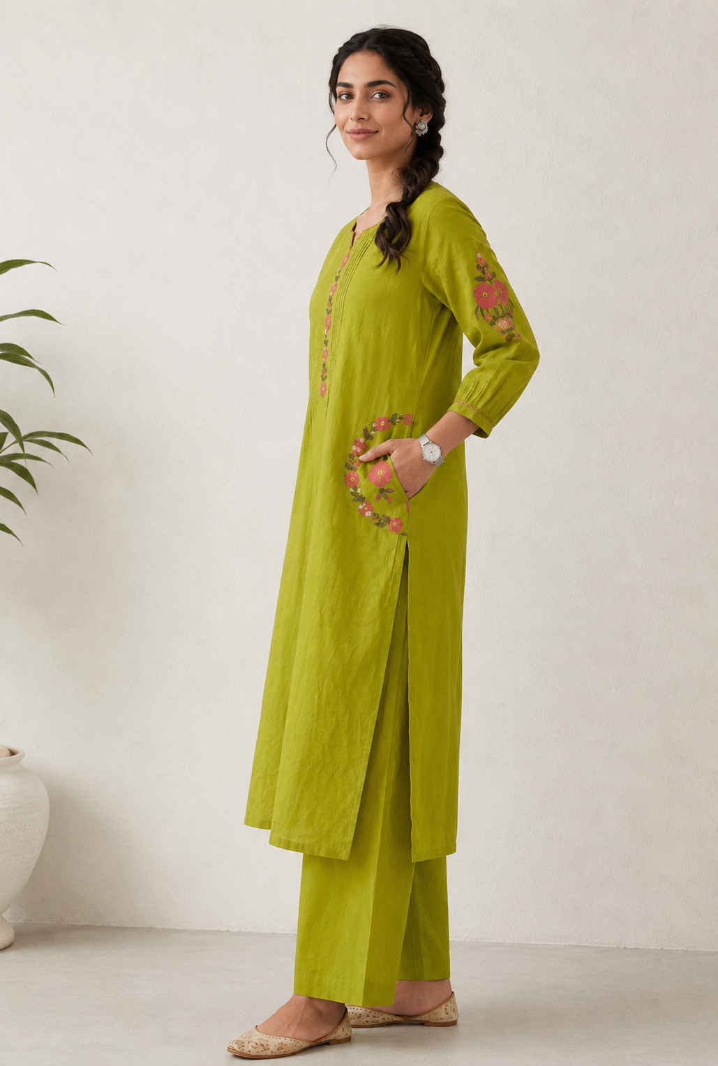 Lime Green Cotton Co-ord Set – Floral Embroidered Kurta with Palazzo Pants