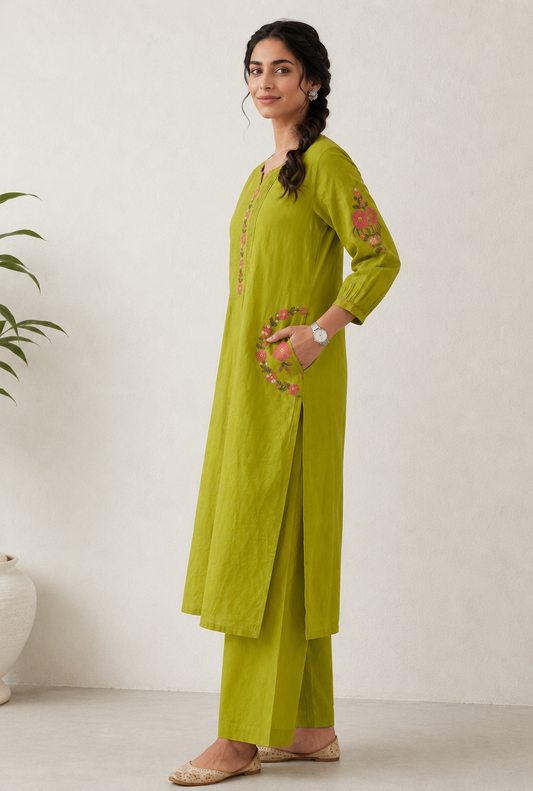 Lime Green Cotton Co-ord Set – Floral Embroidered Kurta with Palazzo Pants - Nakh Clothing