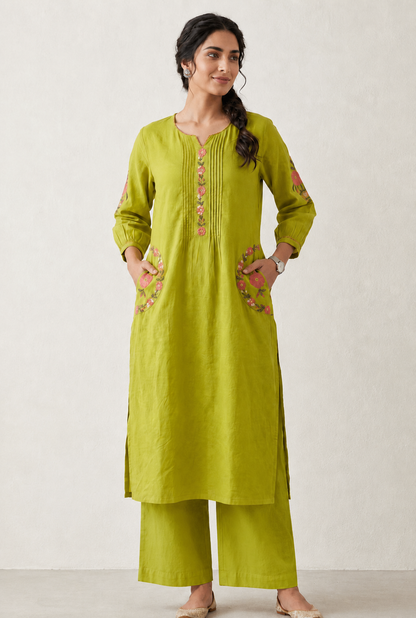 Lime Green Cotton Co-ord Set – Floral Embroidered Kurta with Palazzo Pants