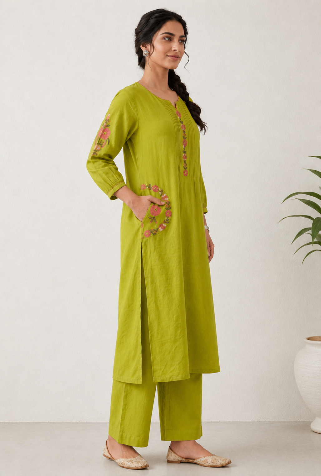 Lime Green Cotton Co-ord Set – Floral Embroidered Kurta with Palazzo Pants