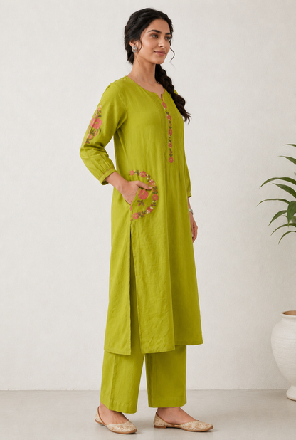Lime Green Cotton Co-ord Set – Floral Embroidered Kurta with Palazzo Pants
