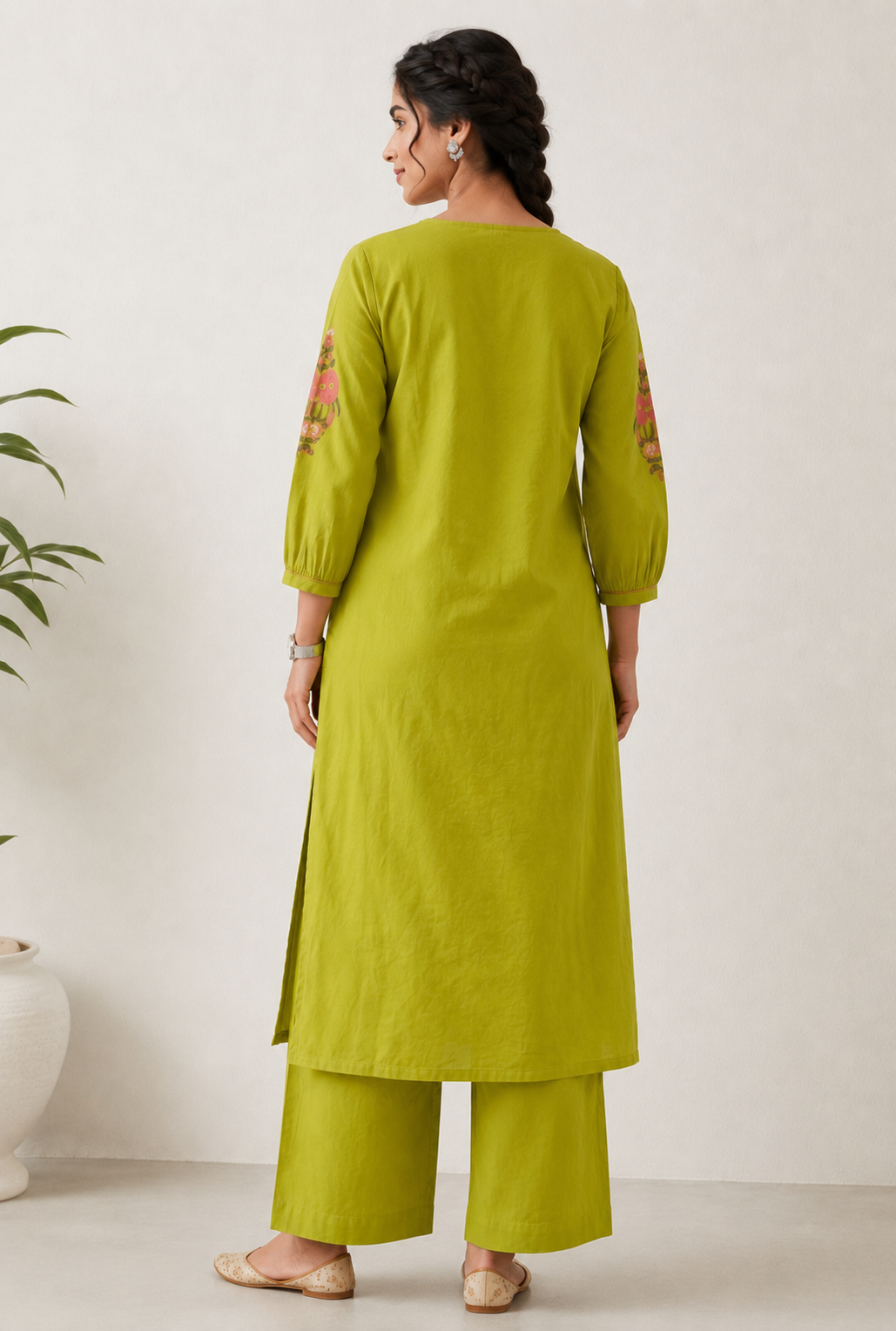 Lime Green Cotton Co-ord Set – Floral Embroidered Kurta with Palazzo Pants