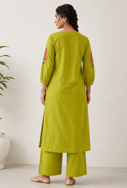 Lime Green Cotton Co-ord Set – Floral Embroidered Kurta with Palazzo Pants