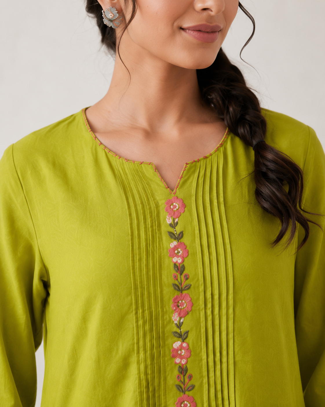 Lime Green Cotton Co-ord Set – Floral Embroidered Kurta with Palazzo Pants