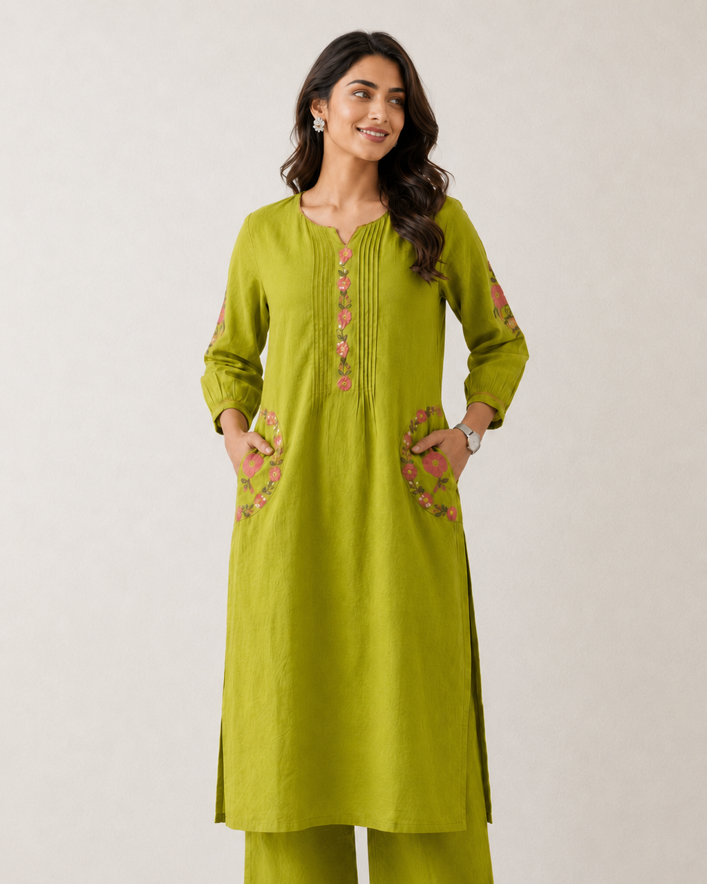 Lime Green Cotton Co-ord Set – Floral Embroidered Kurta with Palazzo Pants - Nakh Clothing