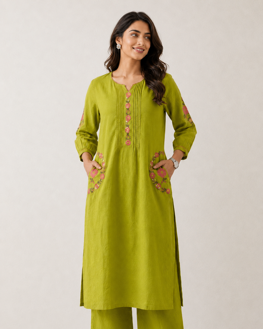 Lime Green Cotton Co-ord Set – Floral Embroidered Kurta with Palazzo Pants
