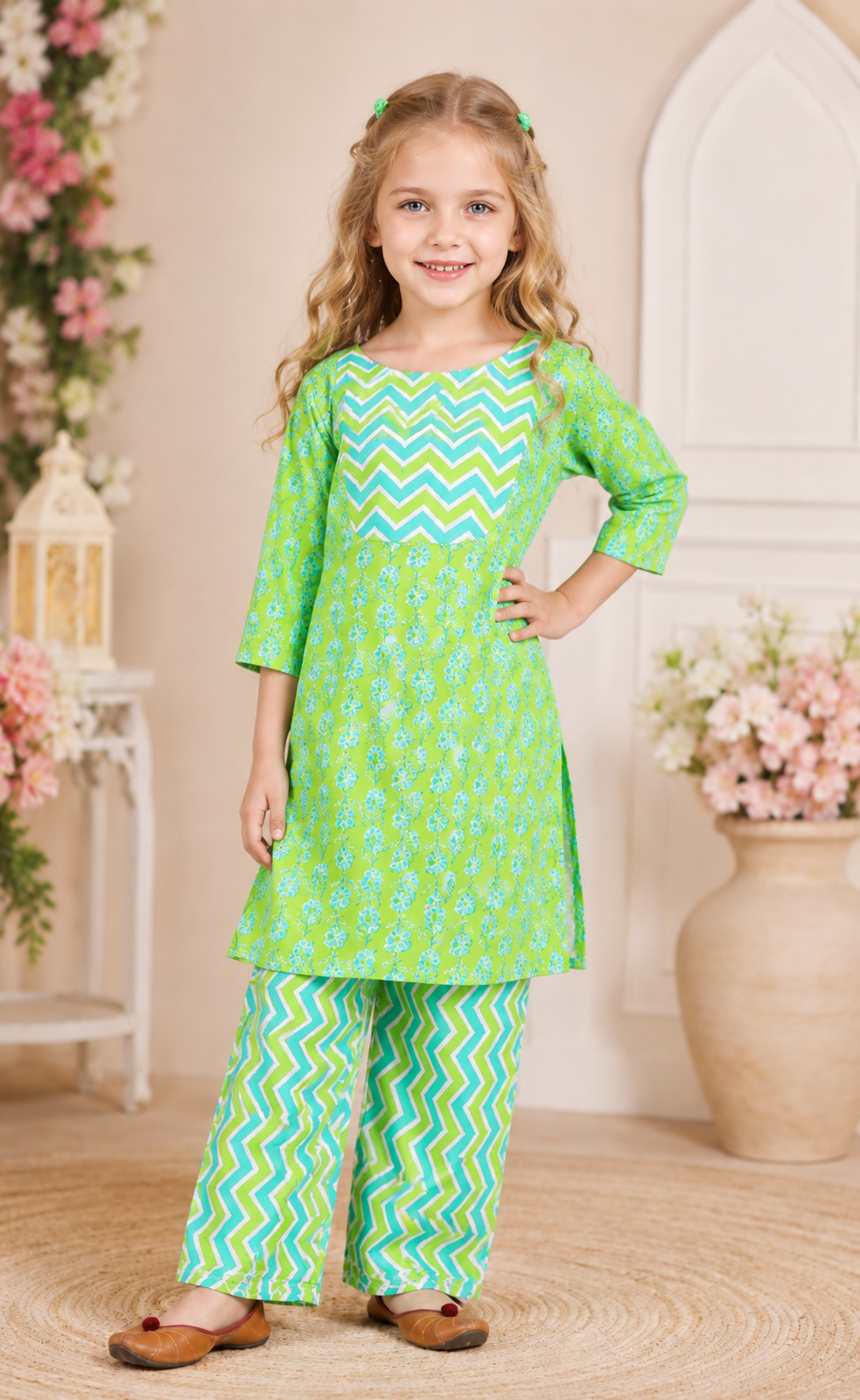 "Green Floral Kurti with Zigzag Print Pants – Girls Co-ord Set"