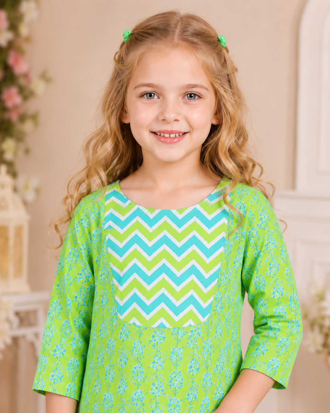 "Green Floral Kurti with Zigzag Print Pants – Girls Co-ord Set"
