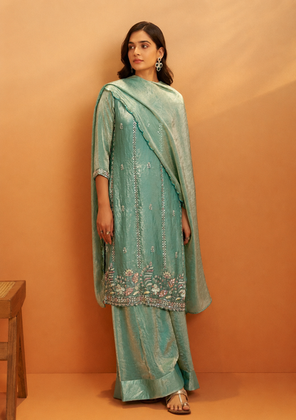 Sea Green Tissue Crush Divider Suit with Short Kurta | Heavy Beads work