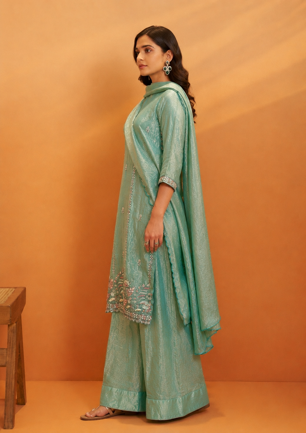 Sea Green Tissue Crush Divider Suit with Short Kurta | Heavy Beads work