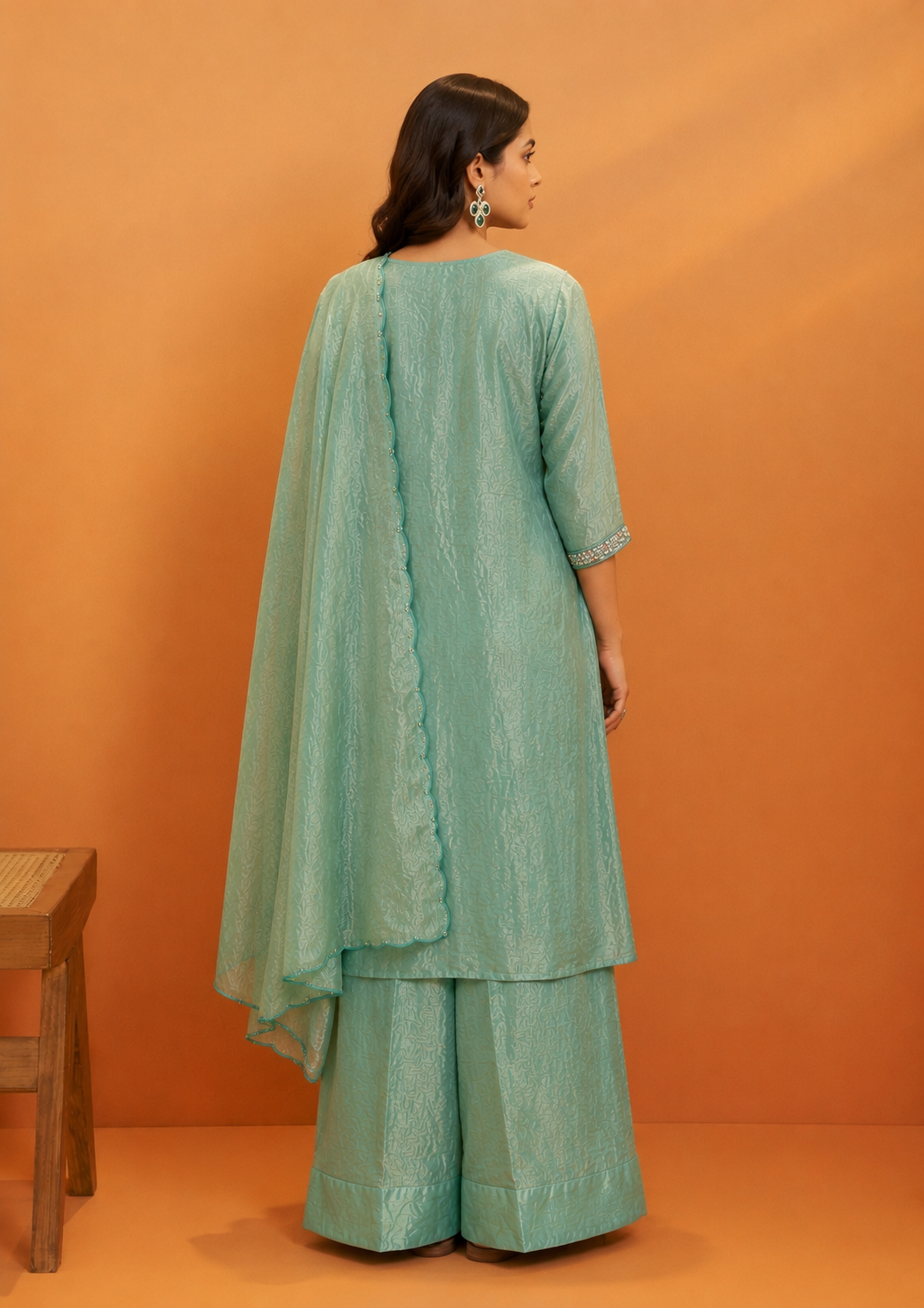 Sea Green Tissue Crush Divider Suit with Short Kurta | Heavy Beads work
